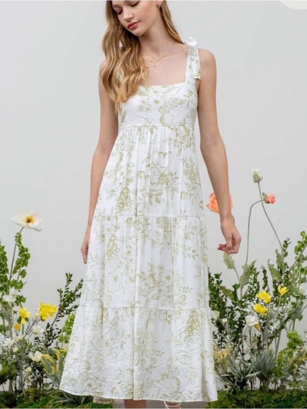 By The River Rayon White Dress Light Green Floral & fruit print, size Medium